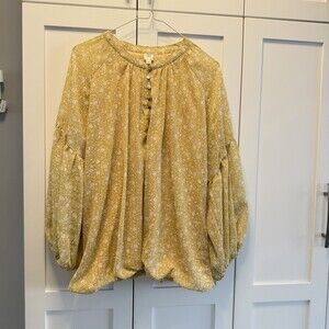 Autres Filles Blouse Yellow Floral Balloon Sleeve Boho Lined Size 2X